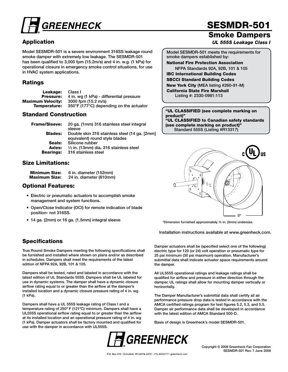 Greenheck Fan SESMDR-501 User Manual | 1 page