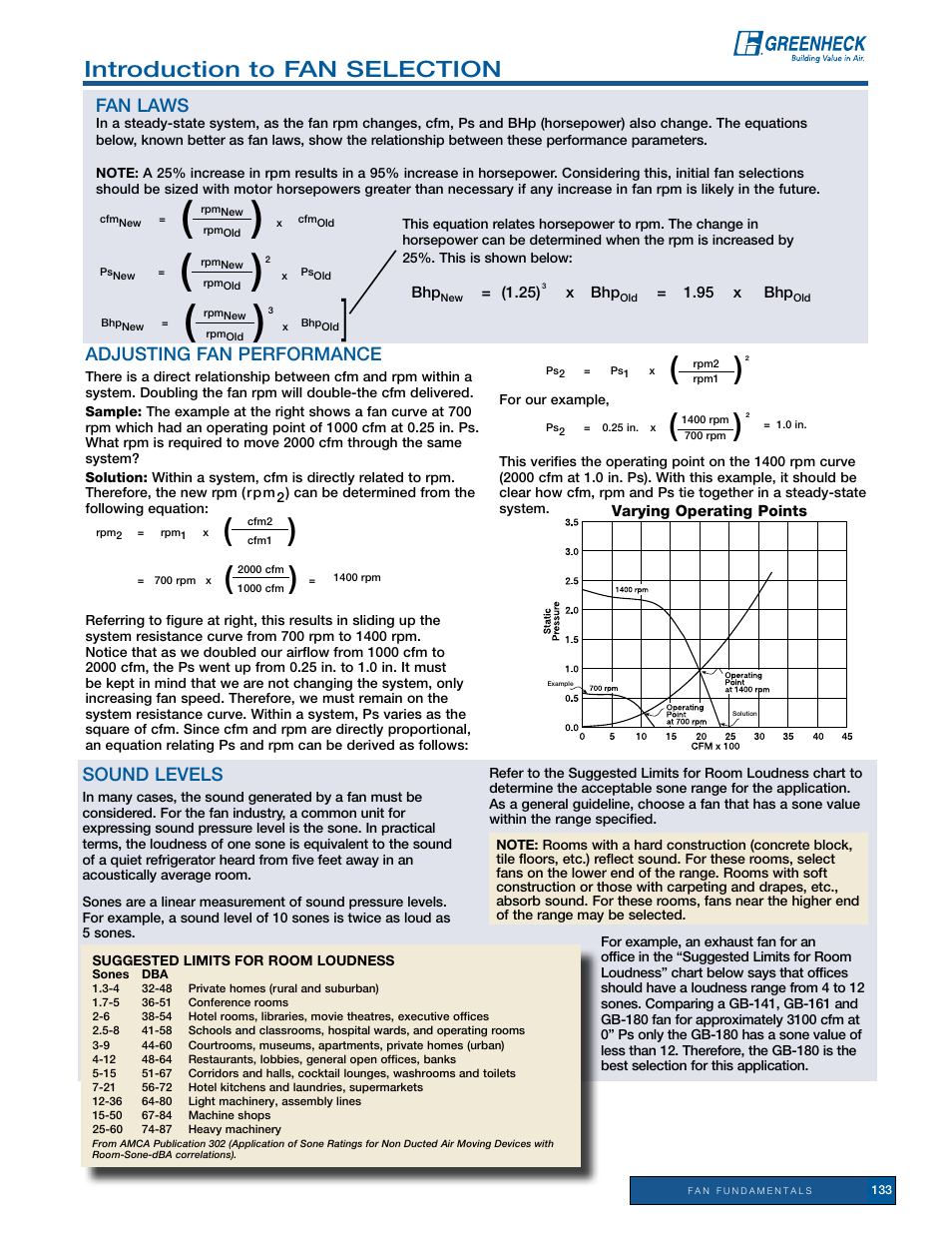 Introduction to fan selection, Sound levels, Fan laws | Adjusting fan performance | Greenheck Fan Fan Fundamentals 129 User Manual | Page 5 / 5