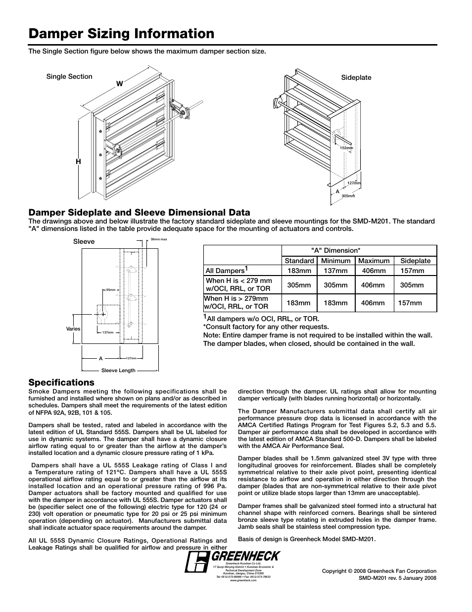 Damper sizing information, Greenheck, Specifications | Damper sideplate and sleeve dimensional data | Greenheck Fan Stainless Steel 3V Blade SSSMD-201 User Manual | Page 6 / 6