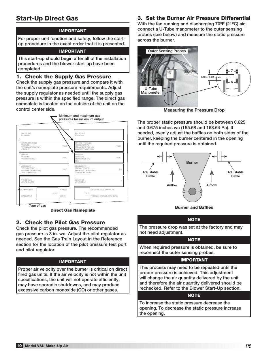Start-up direct gas, Check the supply gas pressure, Check the pilot gas pressure | Set the burner air pressure differential, Measuring the pressure drop | Greenheck Fan Make-Up Air Unit VSU User Manual | Page 10 / 24