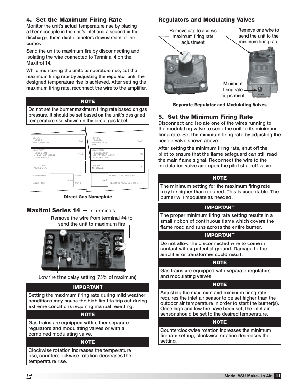 Set the maximum firing rate, Maxitrol series 14, Regulators and modulating valves | Set the minimum firing rate | Greenheck Fan Make-Up Air Unit VSU User Manual | Page 11 / 24