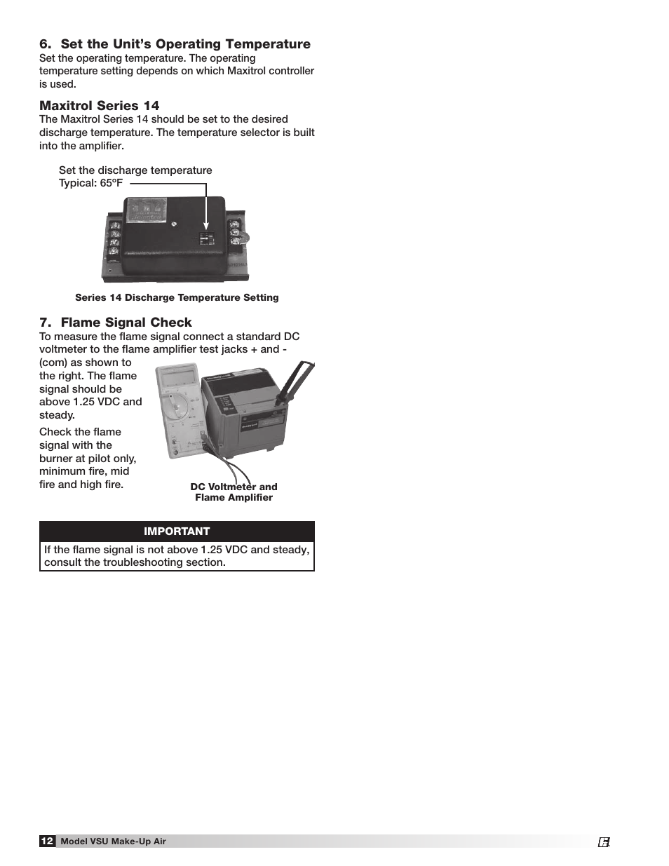 Set the unit’s operating temperature, Flame signal check, Maxitrol series 14 | Greenheck Fan Make-Up Air Unit VSU User Manual | Page 12 / 24