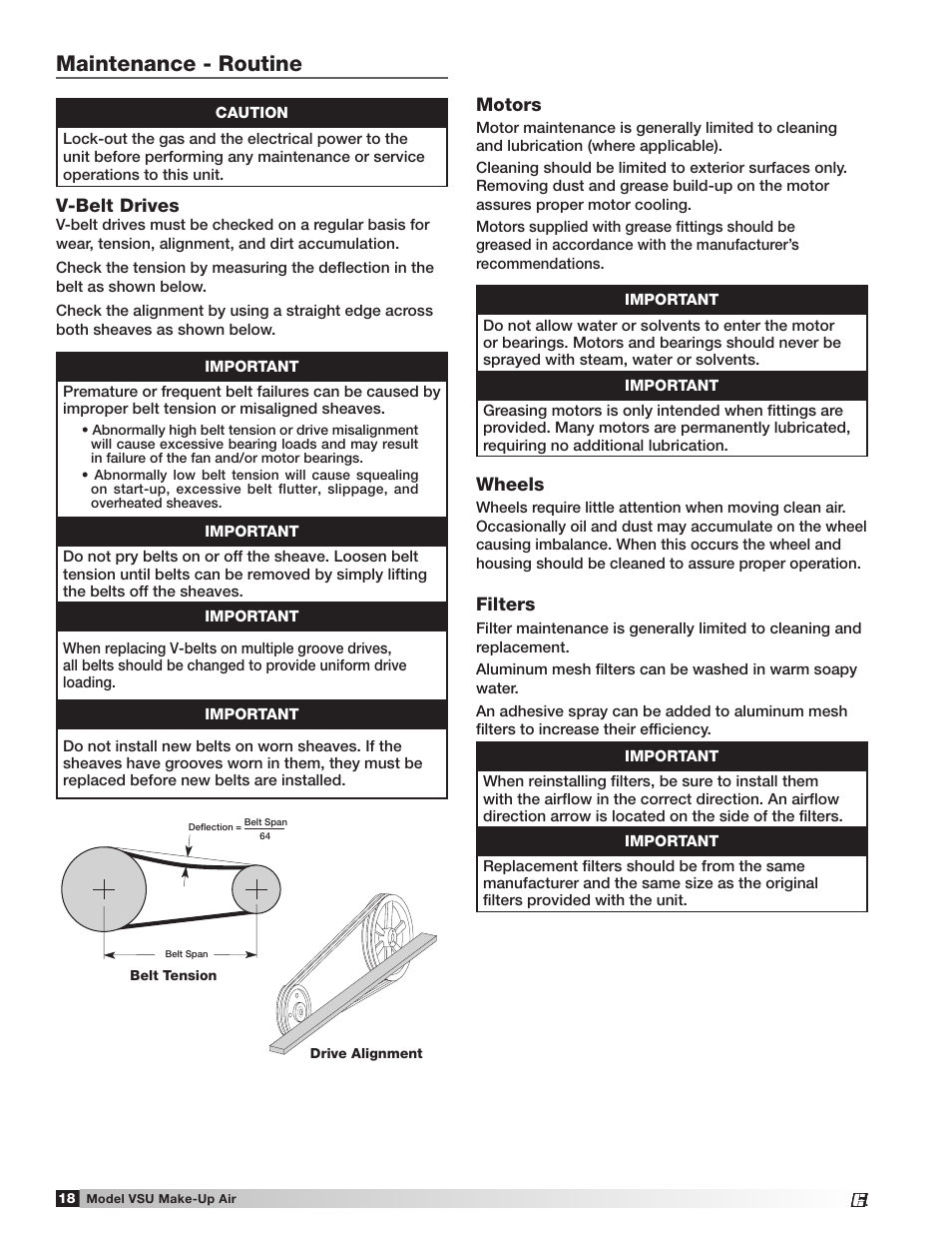 Maintenance - routine, V-belt drives, Motors | Wheels, Filters | Greenheck Fan Make-Up Air Unit VSU User Manual | Page 18 / 24