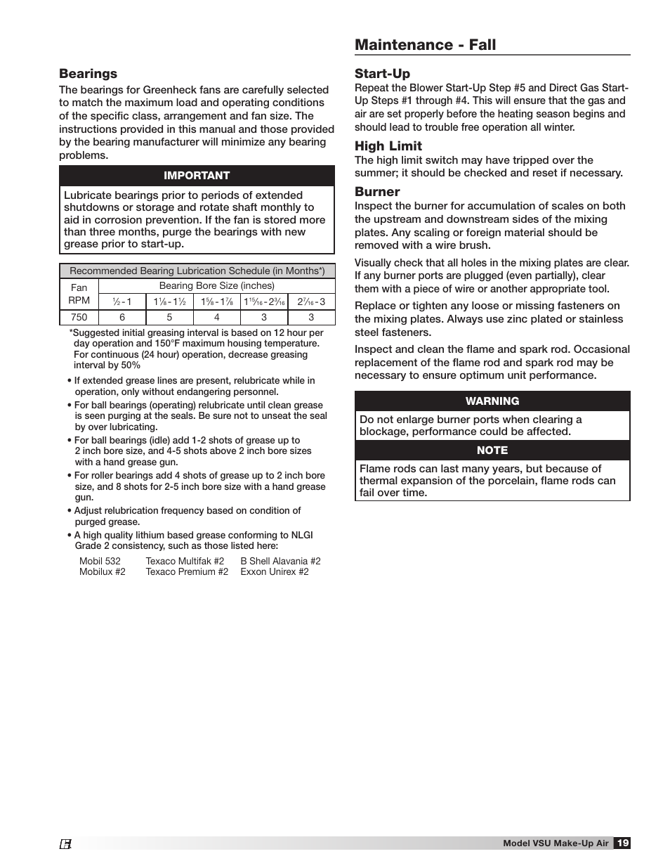 Maintenance - fall, Bearings, Start-up | High limit, Burner | Greenheck Fan Make-Up Air Unit VSU User Manual | Page 19 / 24