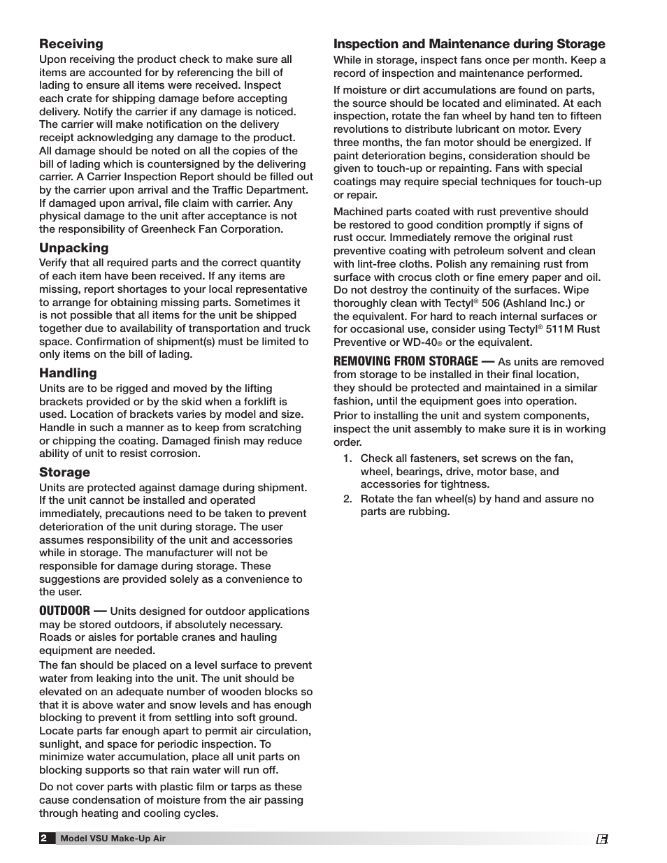 Inspection and maintenance during storage, Removing from storage, Receiving | Unpacking, Handling, Storage, Outdoor | Greenheck Fan Make-Up Air Unit VSU User Manual | Page 2 / 24