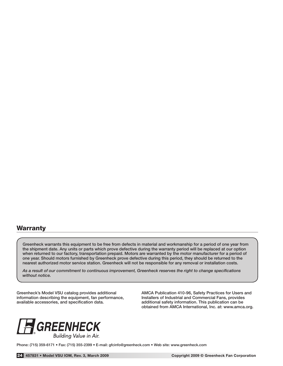 Warranty | Greenheck Fan Make-Up Air Unit VSU User Manual | Page 24 / 24
