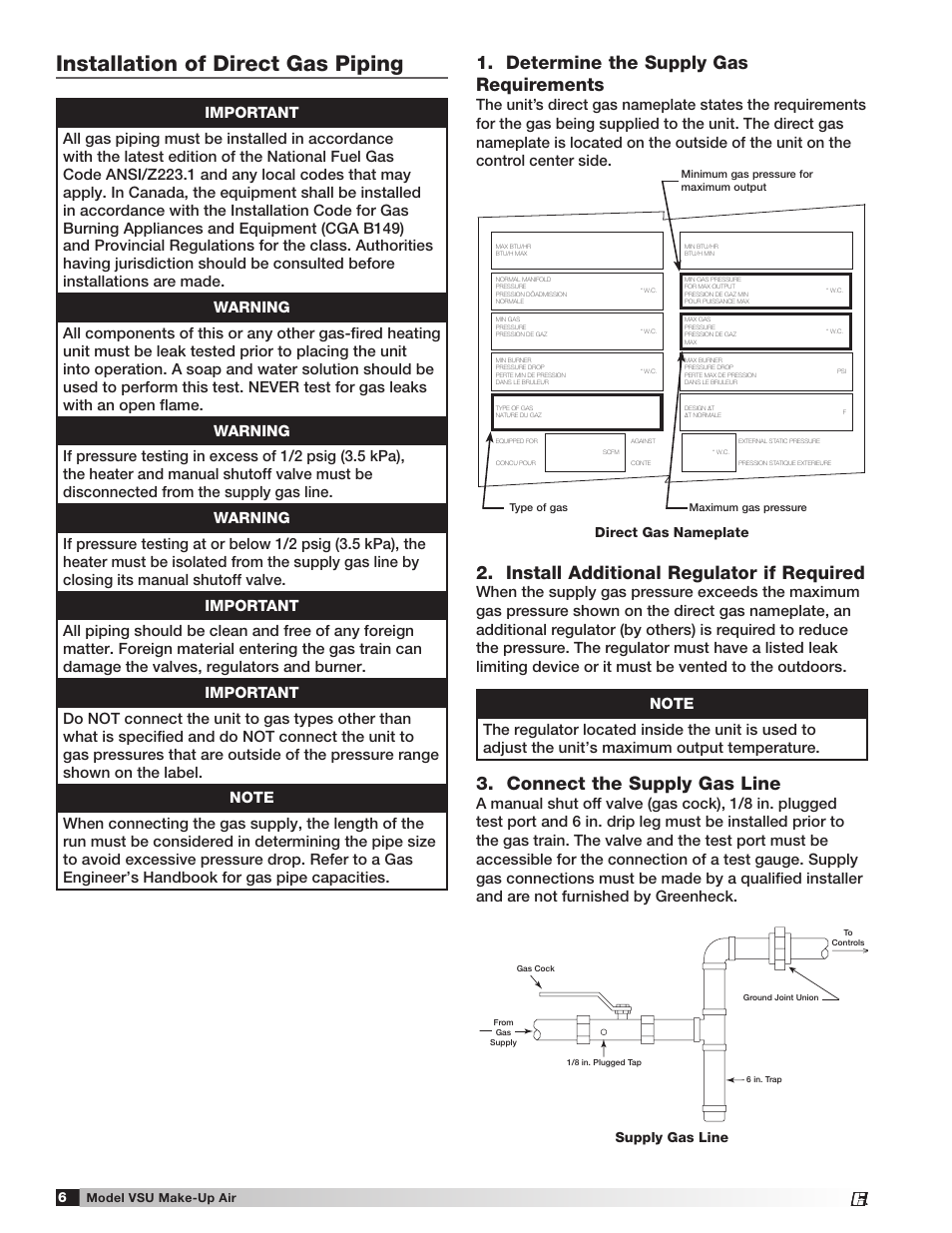 Installation of direct gas piping, Determine the supply gas requirements, Install additional regulator if required | Connect the supply gas line | Greenheck Fan Make-Up Air Unit VSU User Manual | Page 6 / 24