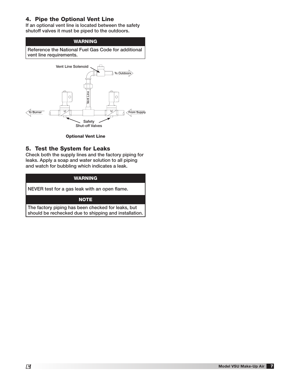 Pipe the optional vent line, Test the system for leaks | Greenheck Fan Make-Up Air Unit VSU User Manual | Page 7 / 24