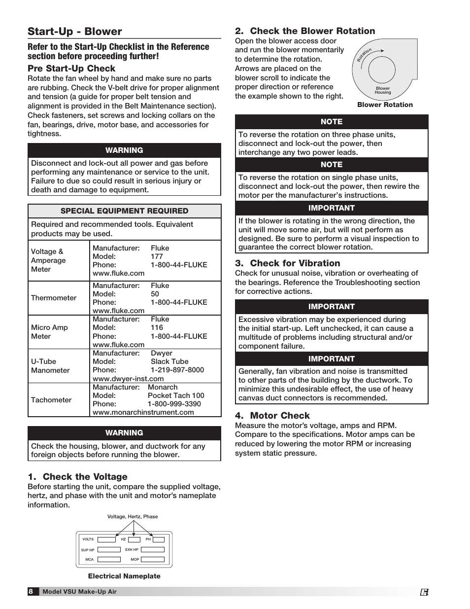 Start-up - blower, Check the voltage, Check the blower rotation | Check for vibration, Motor check | Greenheck Fan Make-Up Air Unit VSU User Manual | Page 8 / 24