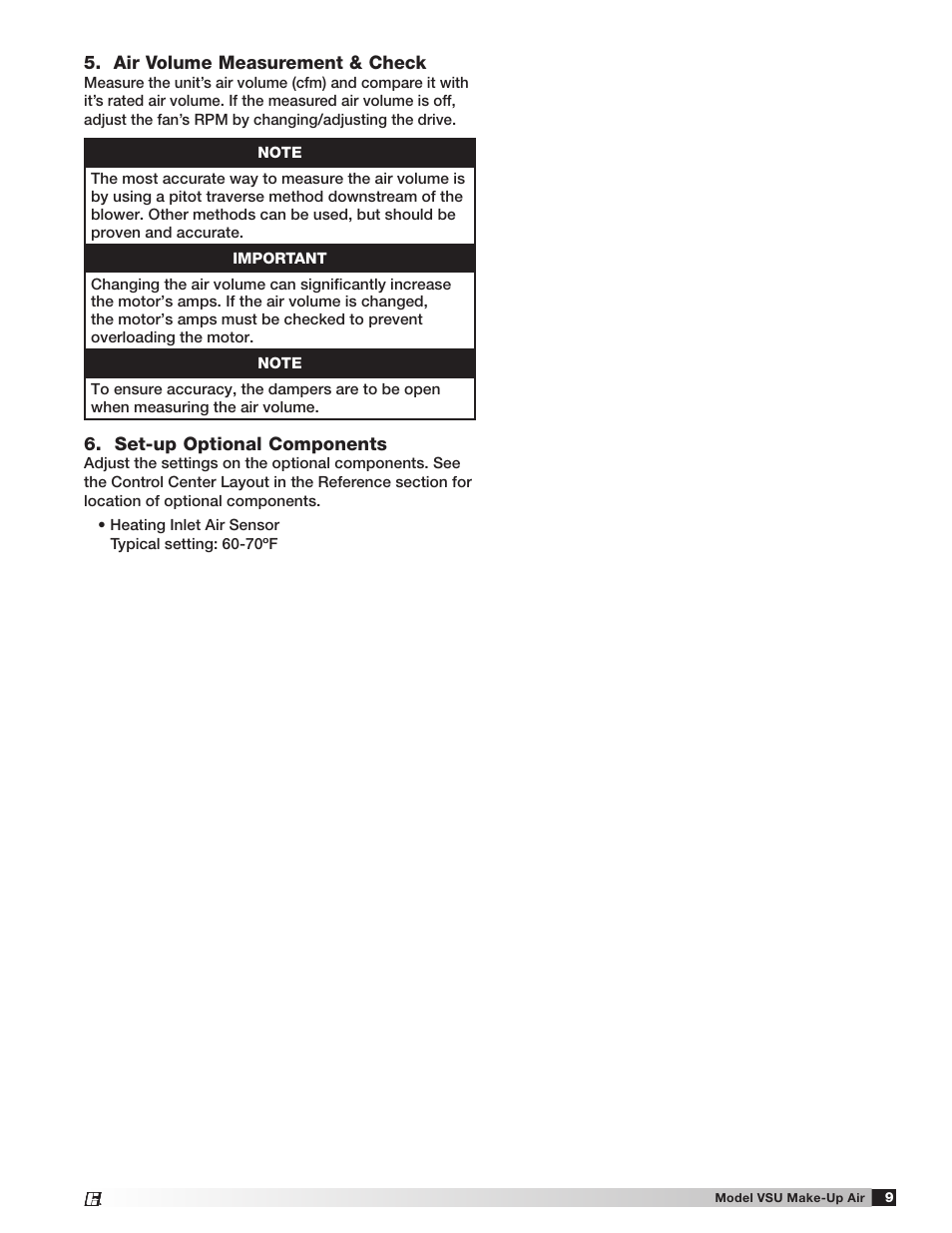 Set-up optional components, Air volume measurement & check | Greenheck Fan Make-Up Air Unit VSU User Manual | Page 9 / 24