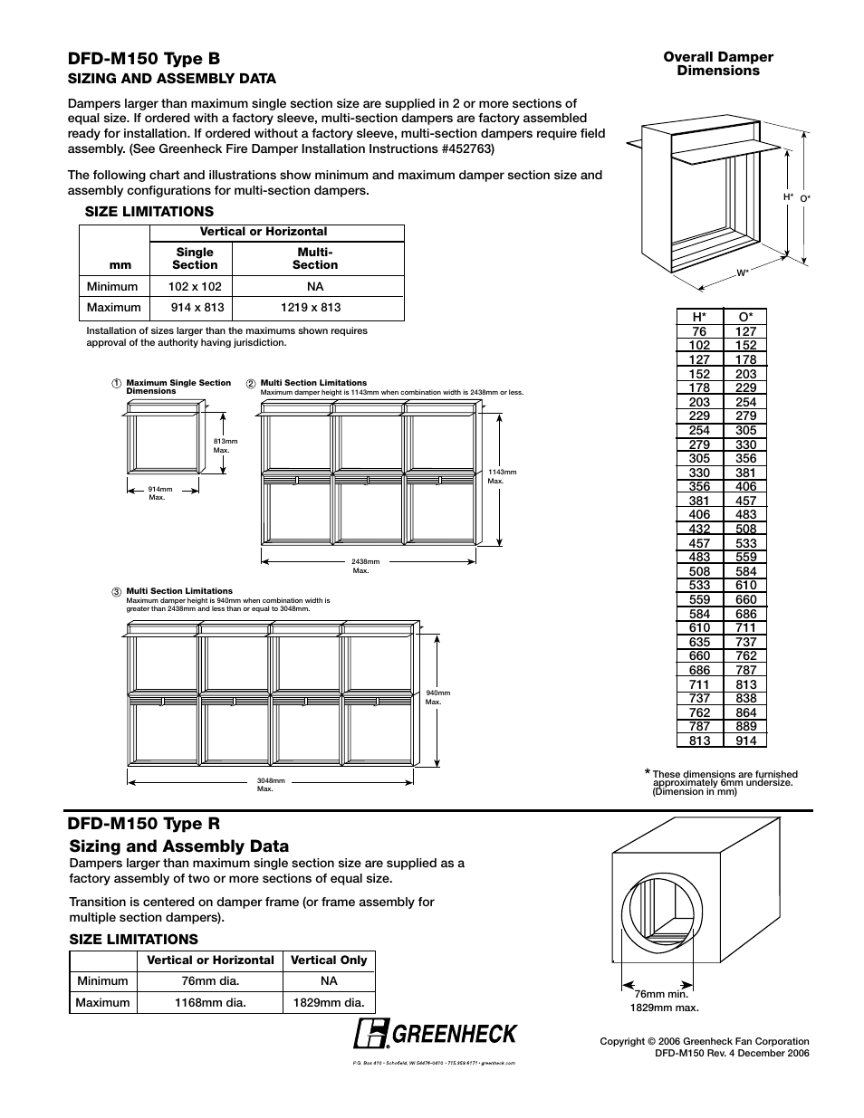 Dfd-m150 type b, Sizing and assembly data, Dfd-m150 type r | Greenheck Fan DFD-M150 User Manual | Page 3 / 3