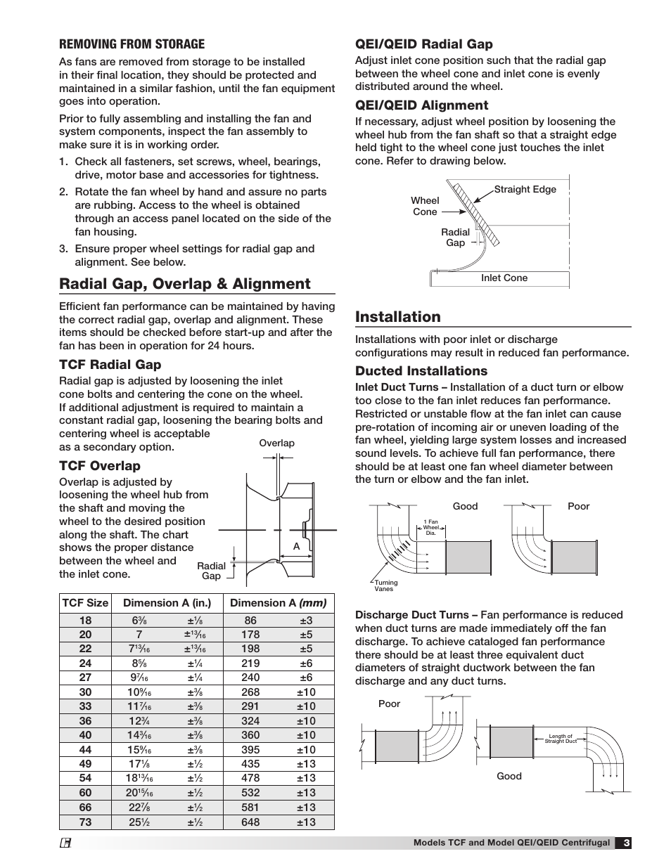 Radial gap, overlap & alignment, Installation, Qei/qeid radial gap | Qei/qeid alignment, Good poor, Poor good, Removing from storage, Tcf radial gap, Tcf overlap, Ducted installations | Greenheck Fan Tubular Centrifugal & Mixed Flow 459968 User Manual | Page 3 / 8