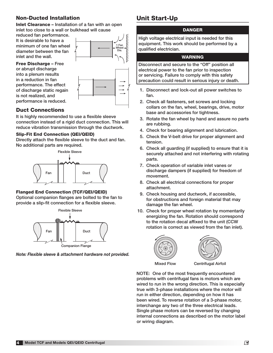 Good poor, Poor good, Unit start-up | Non-ducted installation, Duct connections | Greenheck Fan Tubular Centrifugal & Mixed Flow 459968 User Manual | Page 4 / 8