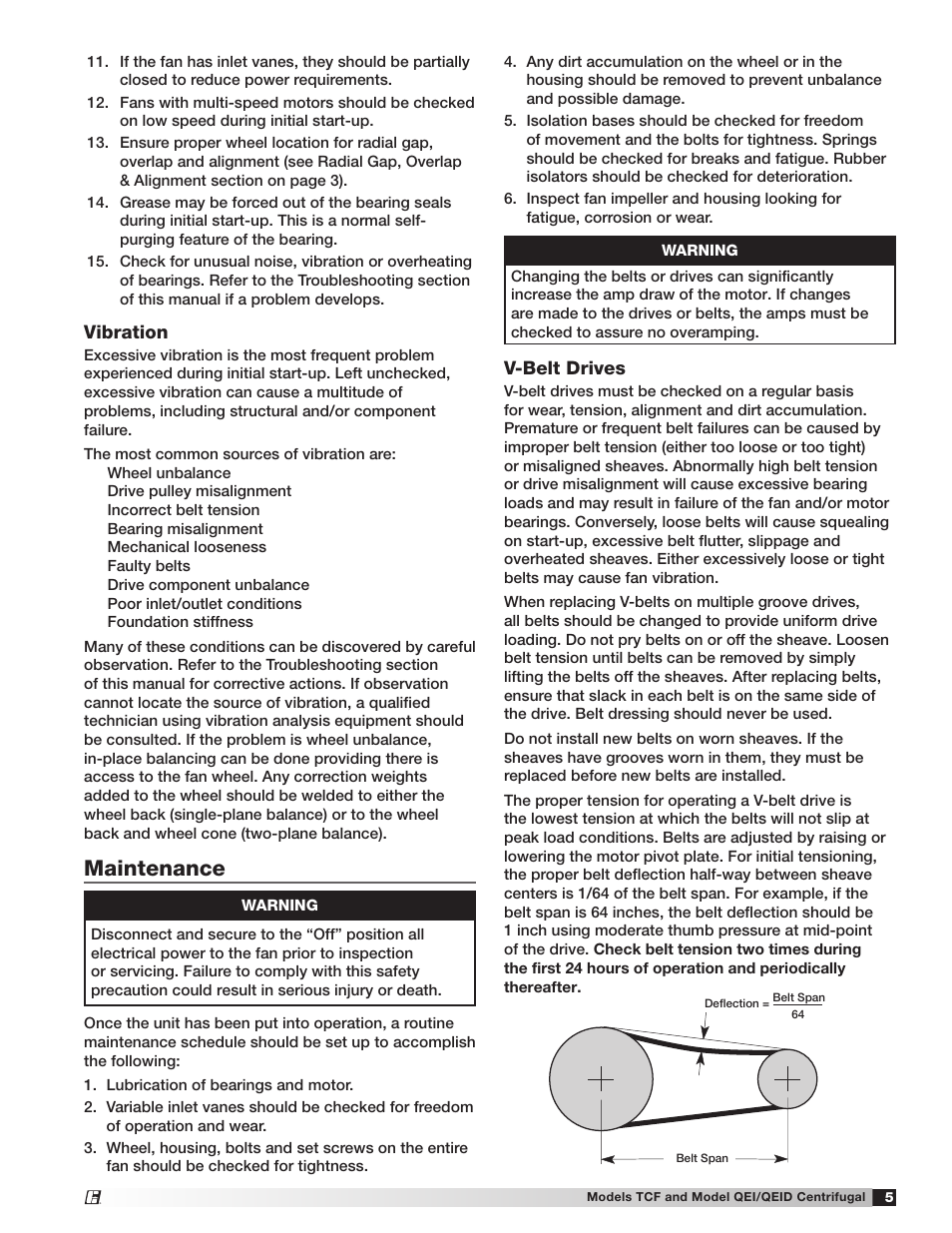 Maintenance, Vibration, V-belt drives | Greenheck Fan Tubular Centrifugal & Mixed Flow 459968 User Manual | Page 5 / 8