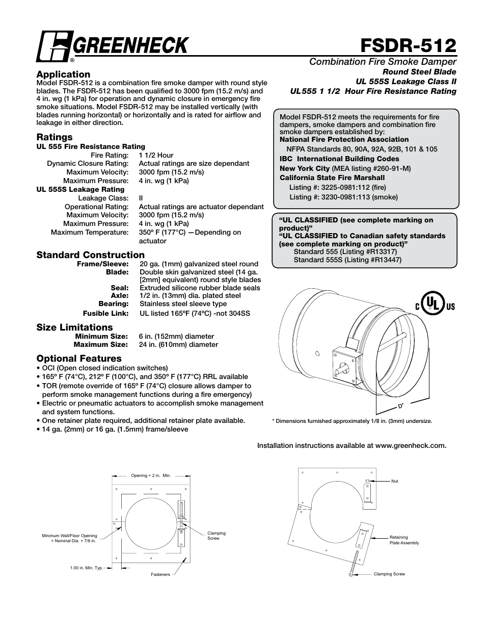 Greenheck Fan Round Steel Blade FSDR-512 User Manual | 2 pages