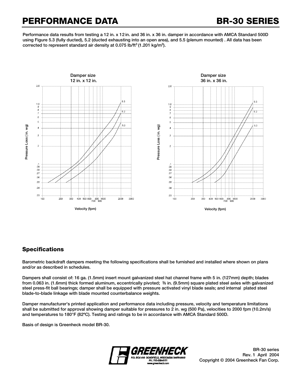 Br-30 series performance data, Specifications | Greenheck Fan BR-30 Series User Manual | Page 2 / 2