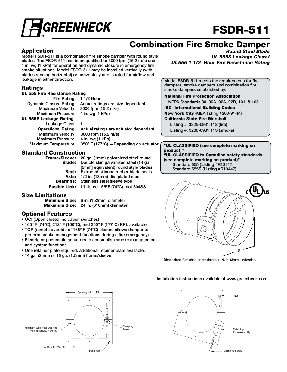 Greenheck Fan Round Steel Blade FSDR-511 User Manual | 2 pages