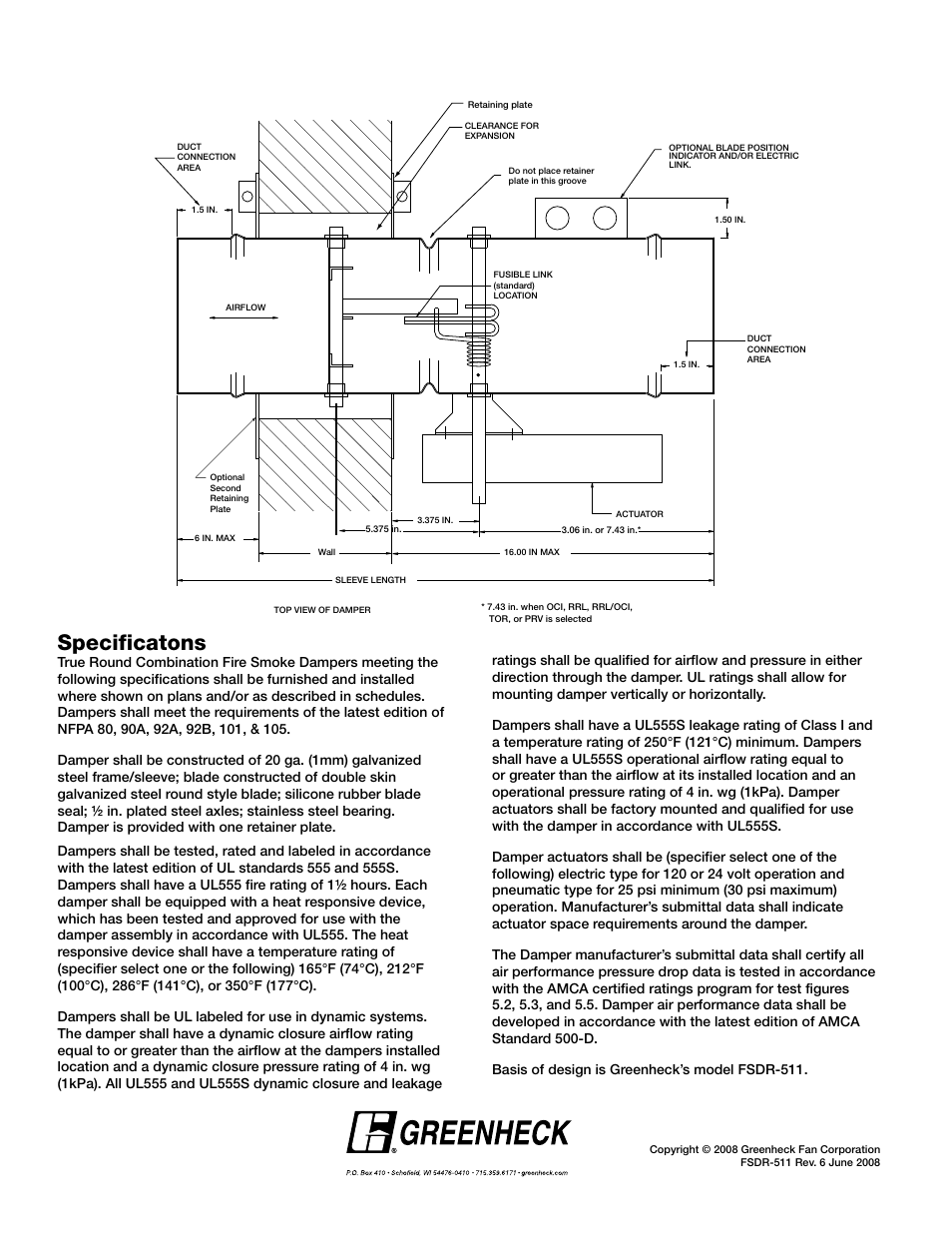 Specificatons | Greenheck Fan Round Steel Blade FSDR-511 User Manual | Page 2 / 2