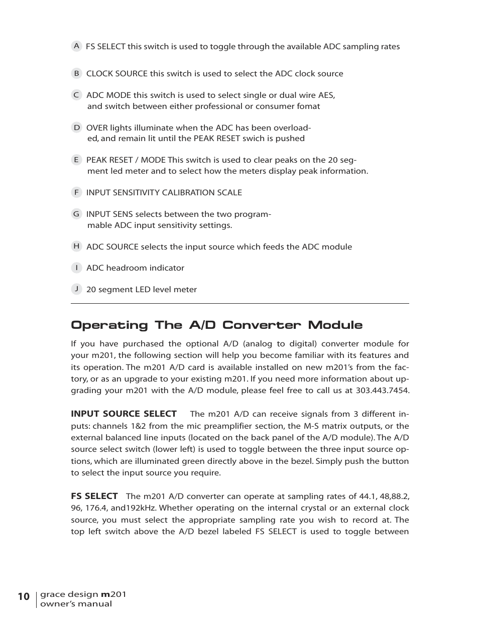 Operating the a/d converter card, Operating the a/d converter module | Grace Digital M201 User Manual | Page 10 / 20