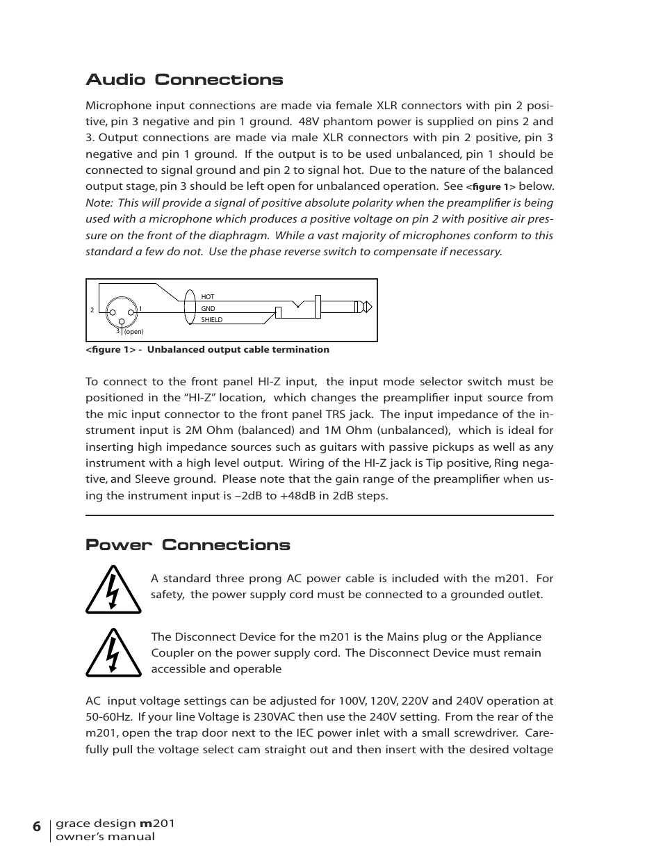 Audio connections, Power connections | Grace Digital M201 User Manual | Page 6 / 20