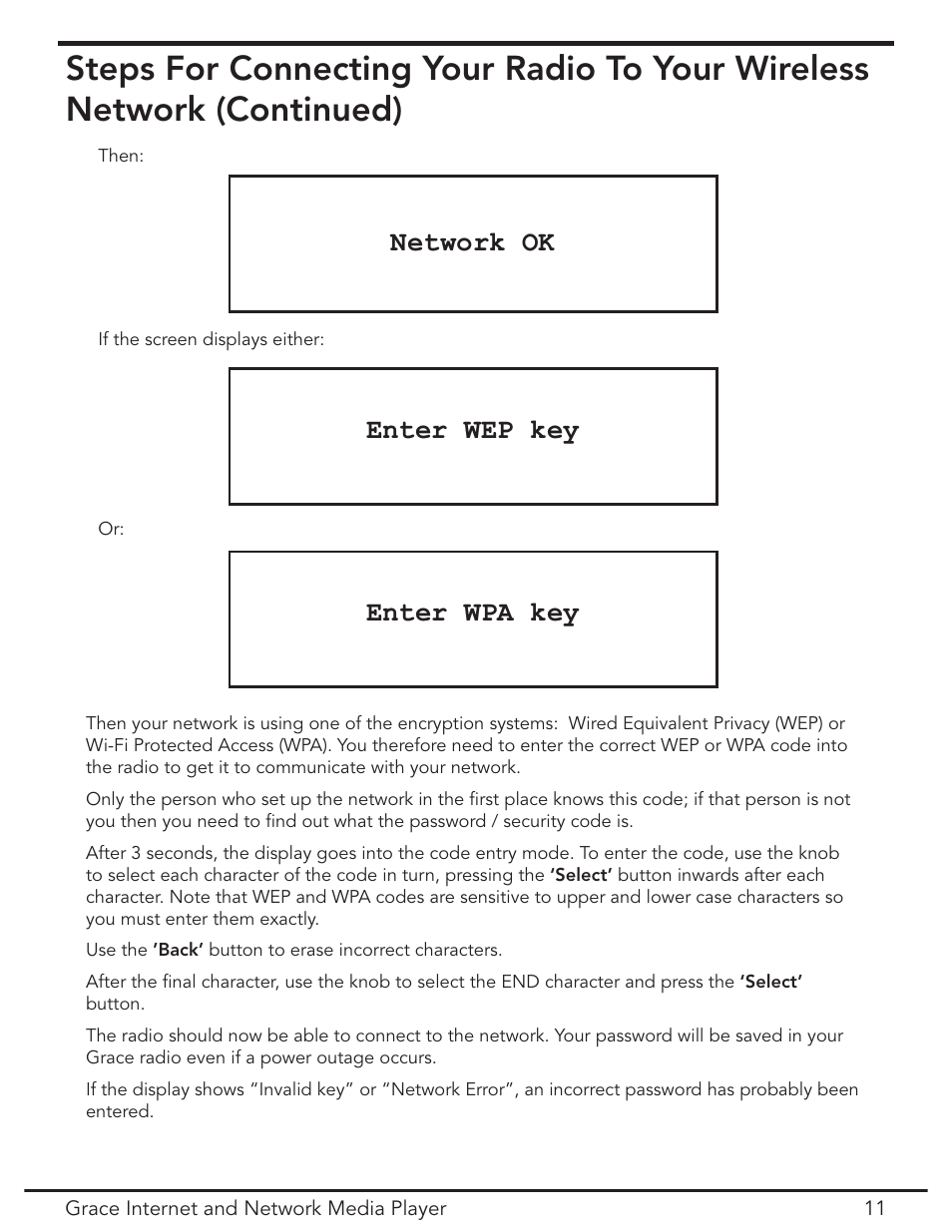 Enter wep key, Enter wpa key, Network ok | Grace Digital GDI-IR3020 User Manual | Page 11 / 44