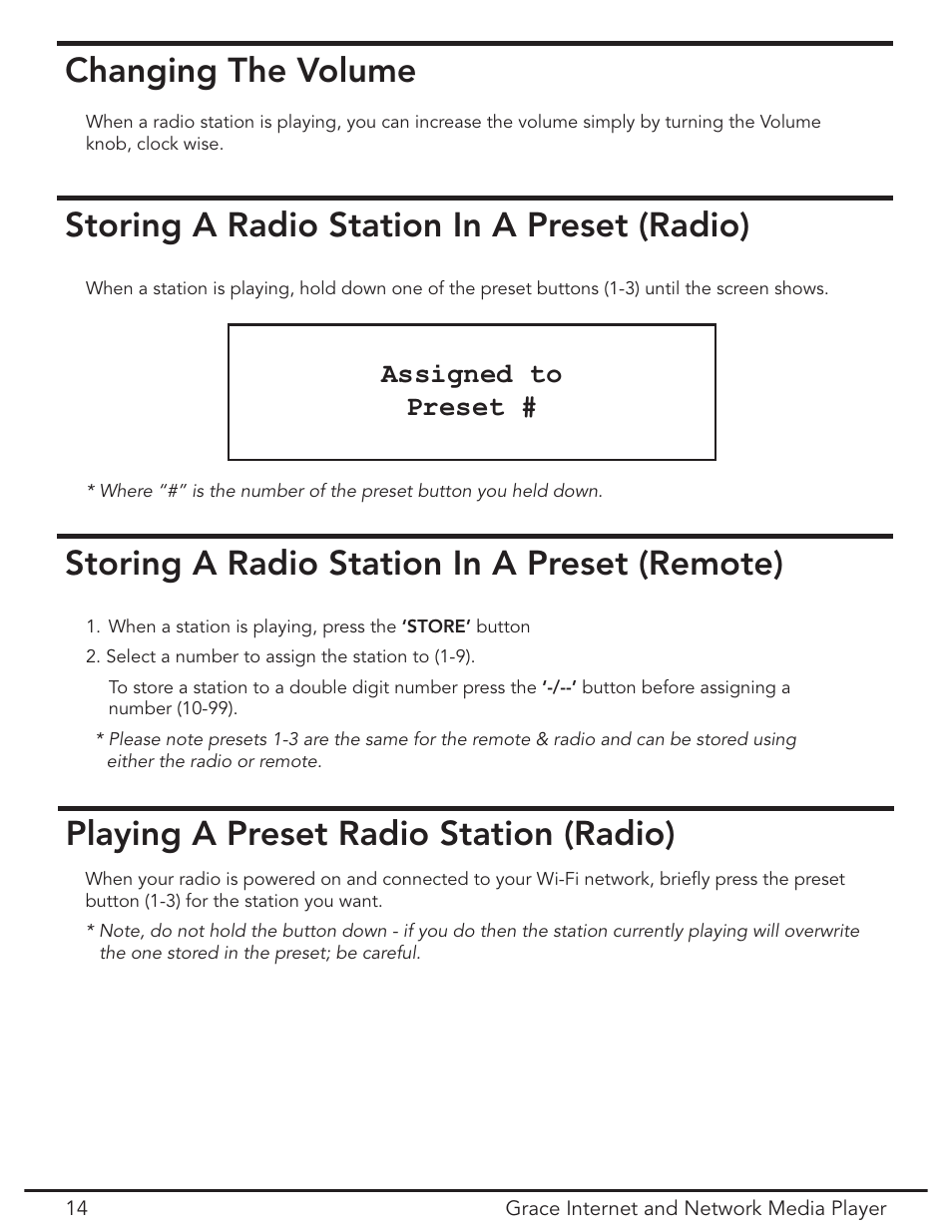 Changing the volume, Storing radio station presets, Playing a preset radio station | Playing a preset radio station (radio), Assigned to preset | Grace Digital GDI-IR3020 User Manual | Page 14 / 44