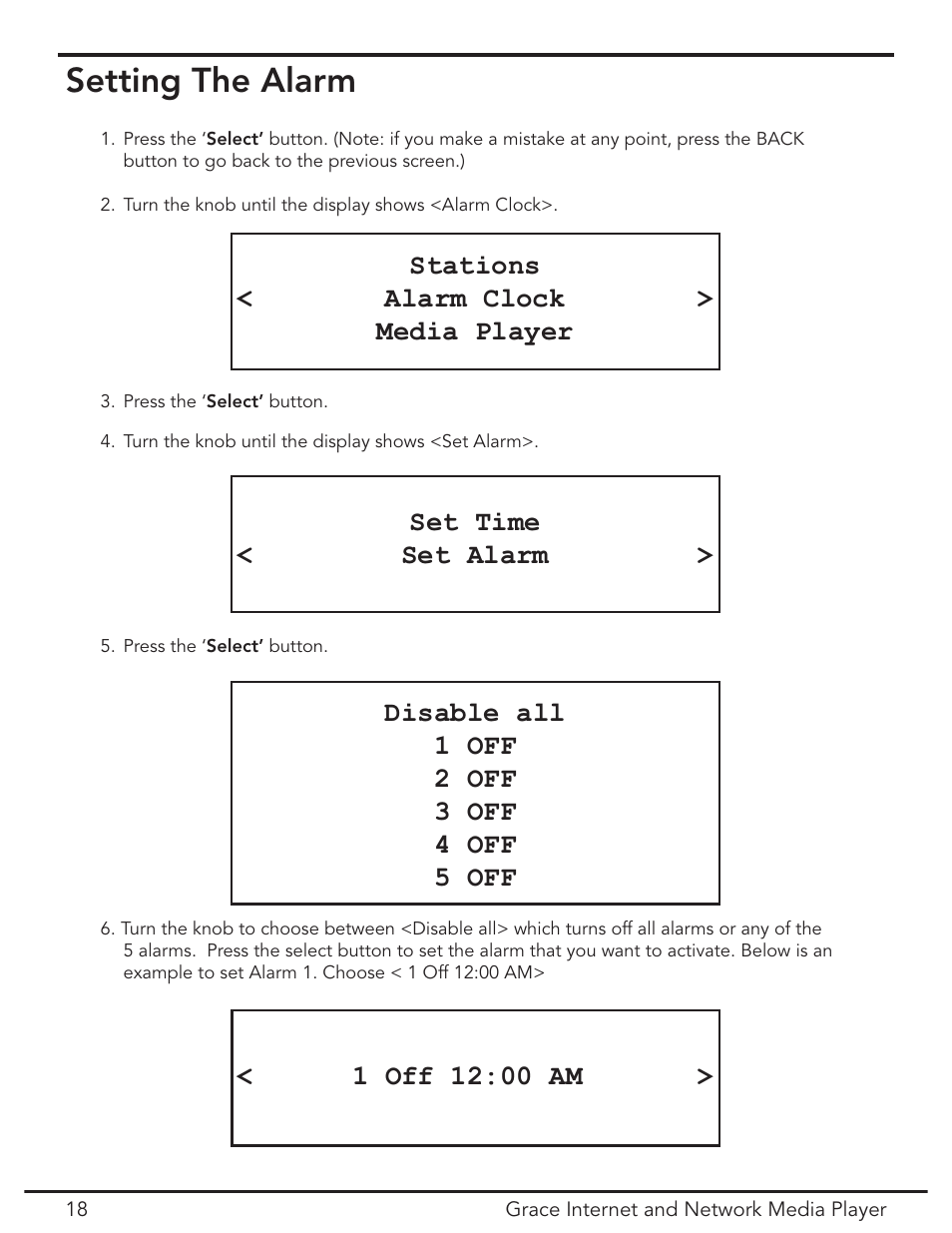 Setting the alarm, Stations < alarm clock > media player, Set time < set alarm | Grace Digital GDI-IR3020 User Manual | Page 18 / 44