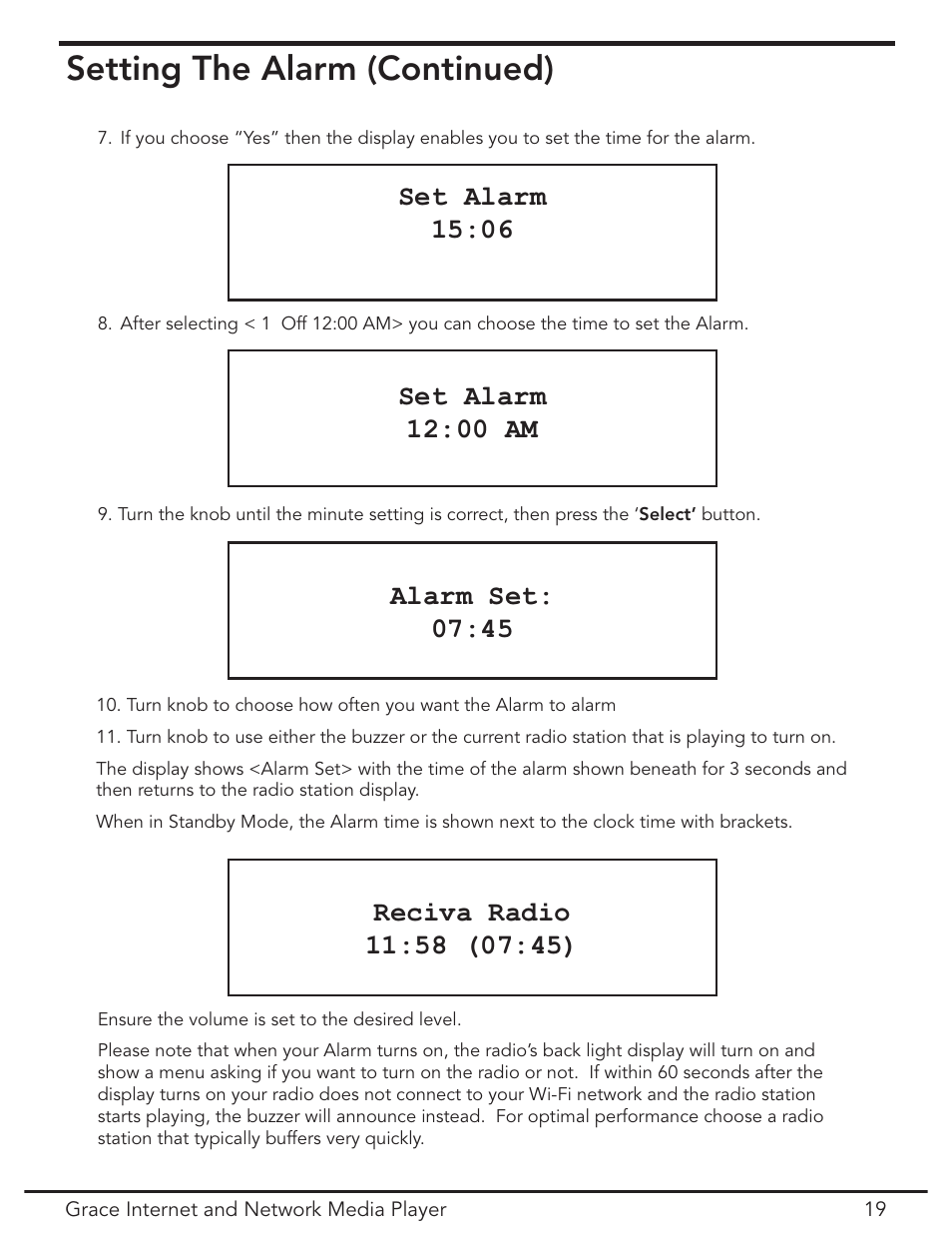 Setting the alarm (continued), Set alarm 15:06, Set alarm 12:00 am | Grace Digital GDI-IR3020 User Manual | Page 19 / 44