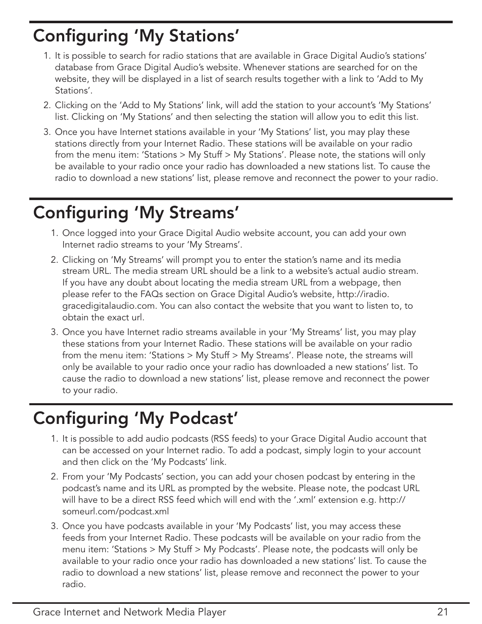 Configuring ‘my stations, Configuring ‘my streams, Configuring ‘my podcast | Conﬁguring ‘my streams’ conﬁguring ‘my podcast, Conﬁguring ‘my stations | Grace Digital GDI-IR3020 User Manual | Page 21 / 44