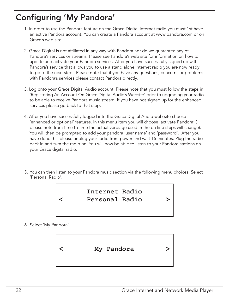 Configuring ‘my pandora, Conﬁguring ‘my pandora, Internet radio < personal radio > < my pandora | Grace Digital GDI-IR3020 User Manual | Page 22 / 44