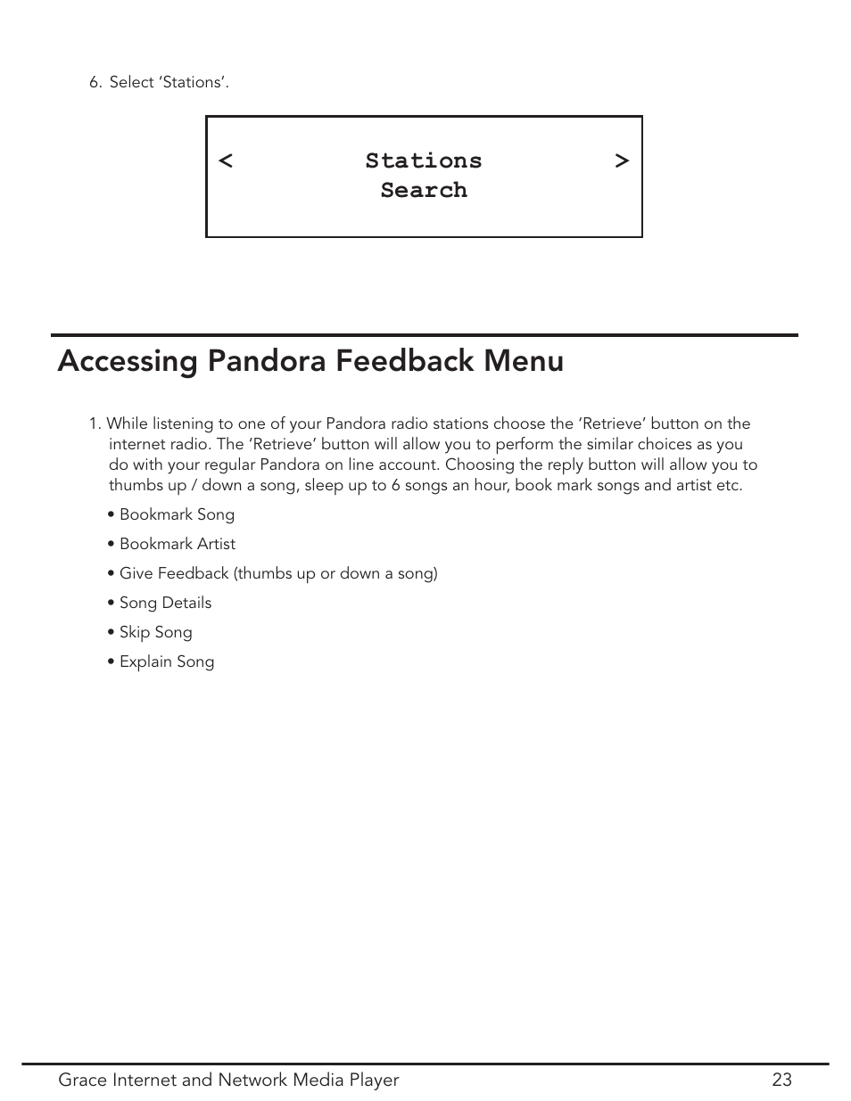 Accessing pandora feedback menu, Stations > search | Grace Digital GDI-IR3020 User Manual | Page 23 / 44