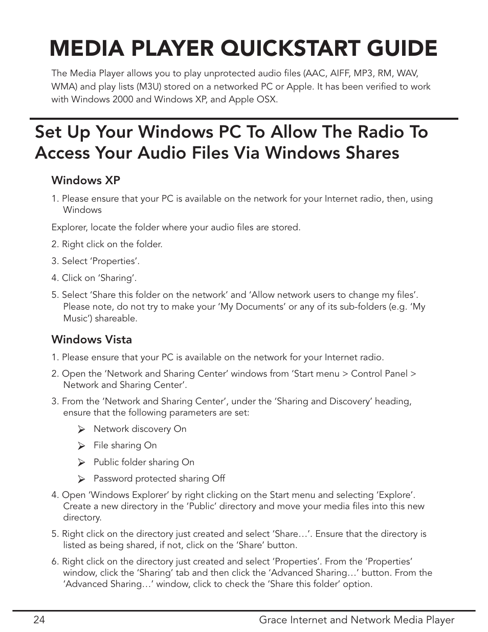 Media player quick start, Media player quickstart guide | Grace Digital GDI-IR3020 User Manual | Page 24 / 44