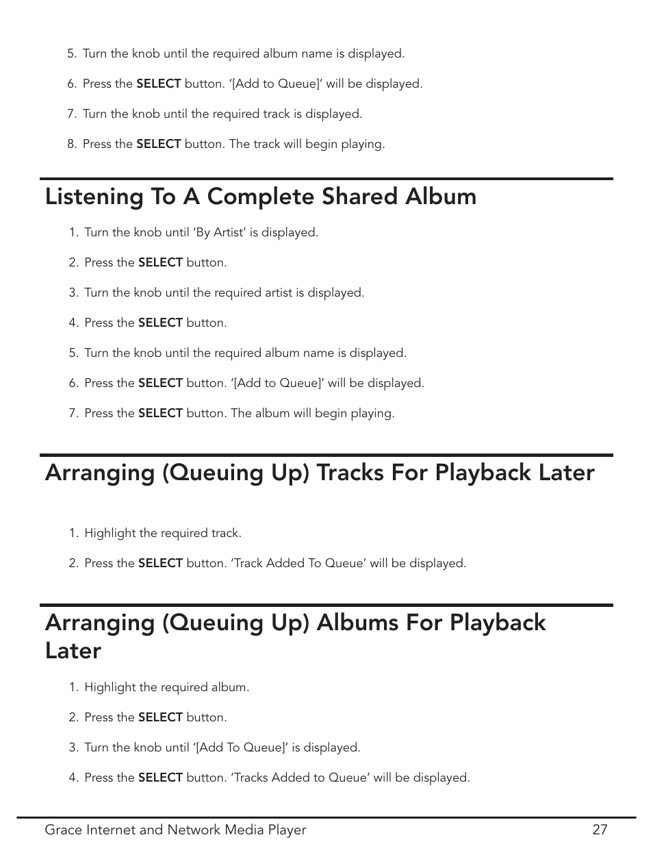 Listening to a complete shared album, Arranging (queuing up) tracks for playback later, Arranging (queuing up) albums for playback later | Grace Digital GDI-IR3020 User Manual | Page 27 / 44