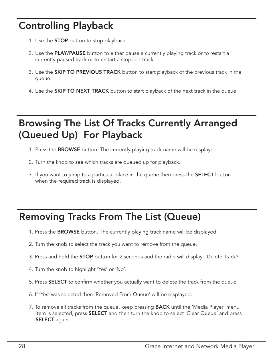 Controlling playback, Removing tracks from the list (queue) | Grace Digital GDI-IR3020 User Manual | Page 28 / 44
