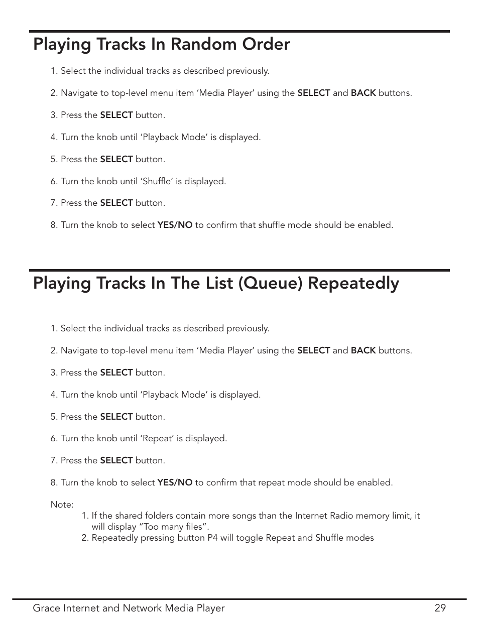 Playing tracks in random order, Playing tracks in the list (queue) repeatedly | Grace Digital GDI-IR3020 User Manual | Page 29 / 44