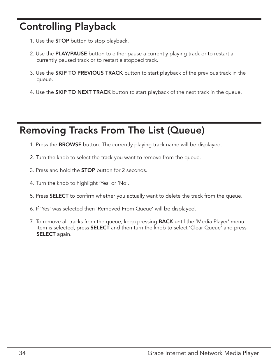 Controlling playback, Removing tracks from the list (queue) | Grace Digital GDI-IR3020 User Manual | Page 34 / 44