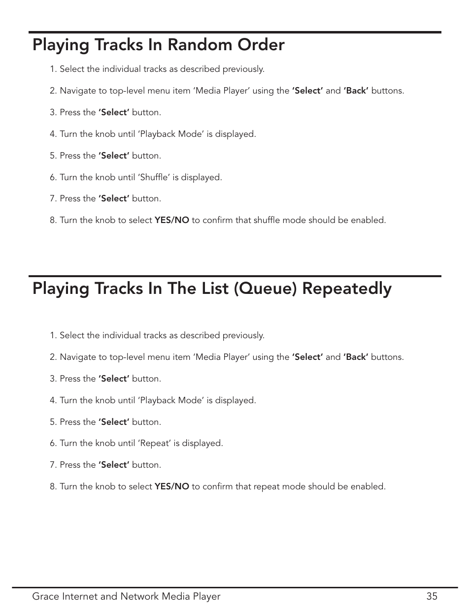 Playing tracks in random order, Playing tracks in the list (queue) repeatedly | Grace Digital GDI-IR3020 User Manual | Page 35 / 44