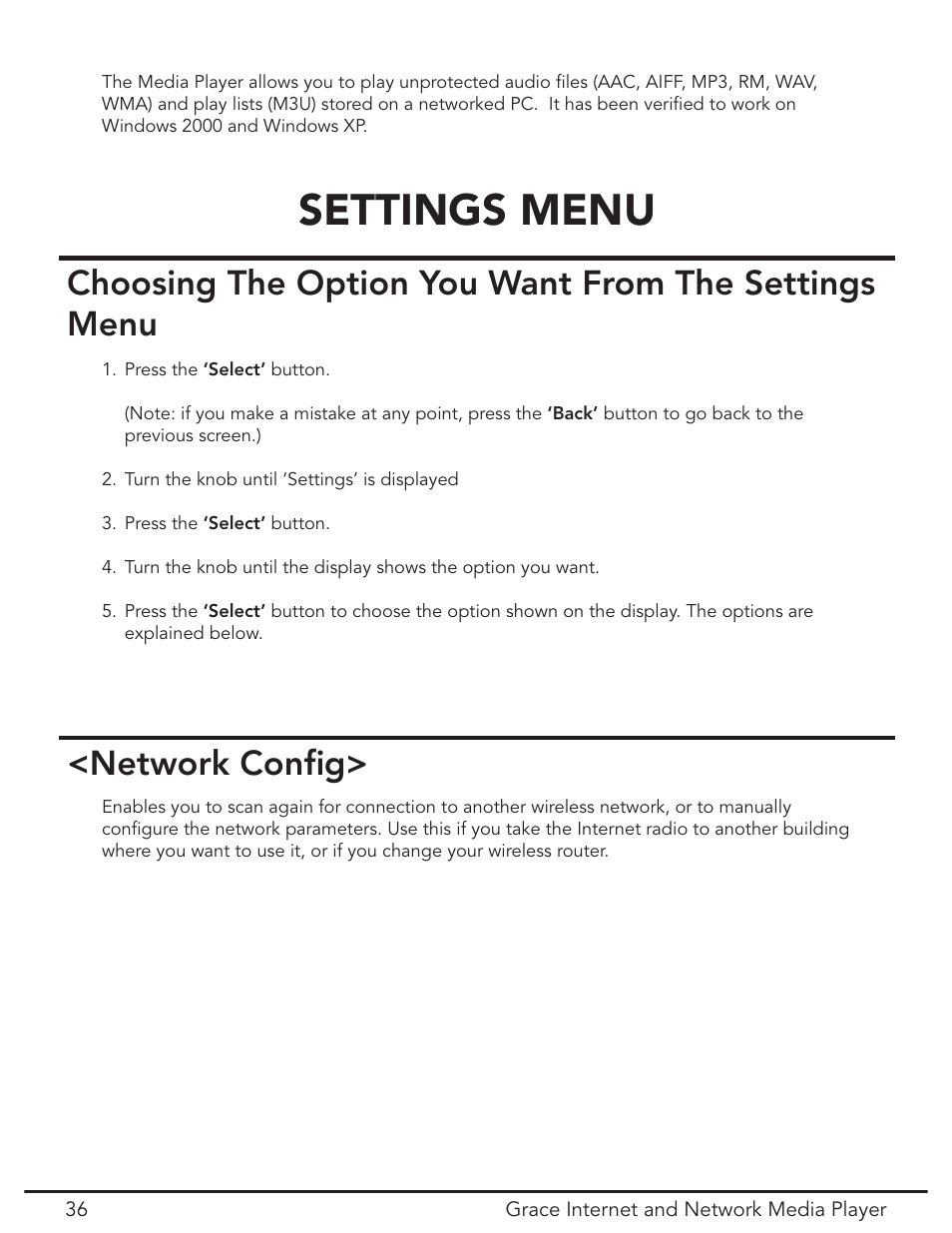 Navigating the menus, Settings menu, Network config | Network conﬁg | Grace Digital GDI-IR3020 User Manual | Page 36 / 44