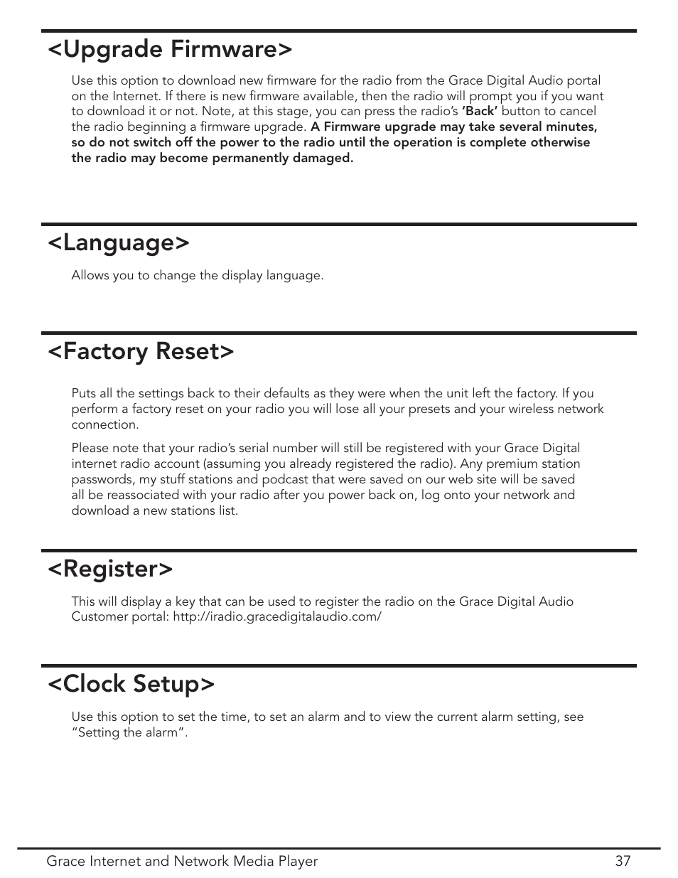 Factory reset (menu item), Upgrade firmware, Language | Factory reset, Register, Clock setup | Grace Digital GDI-IR3020 User Manual | Page 37 / 44