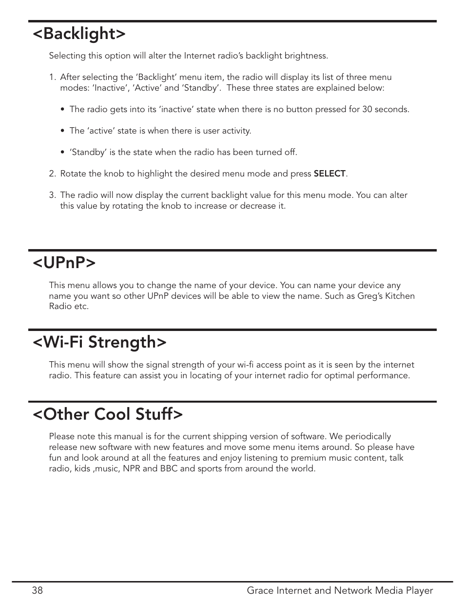 Backlight, Upnp, Wi-fi strength | Other cool stuff | Grace Digital GDI-IR3020 User Manual | Page 38 / 44