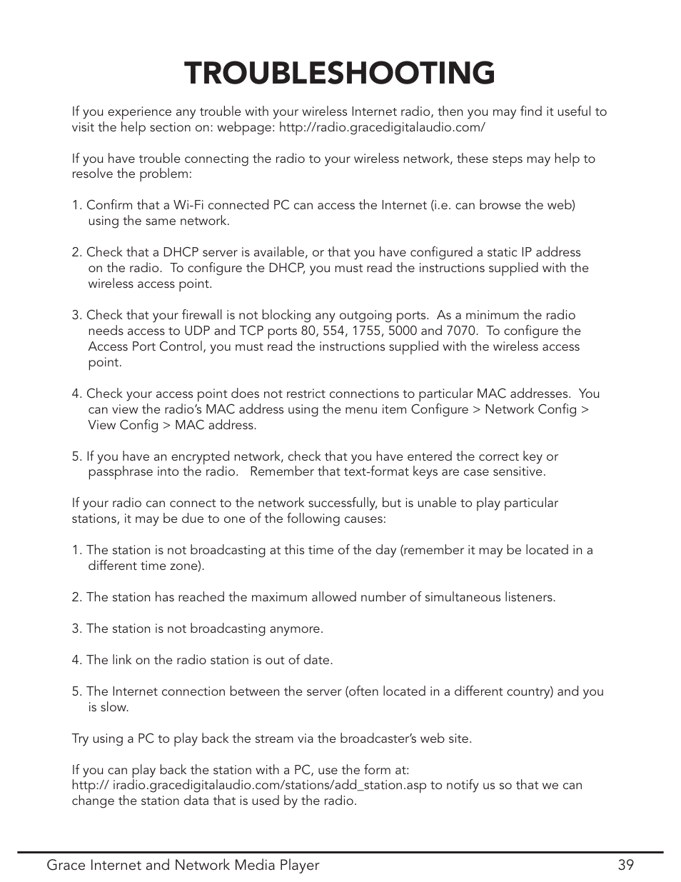 Troubleshooting | Grace Digital GDI-IR3020 User Manual | Page 39 / 44