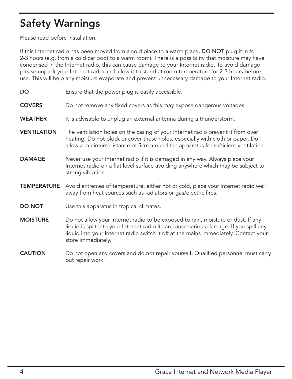 Safety warnings | Grace Digital GDI-IR3020 User Manual | Page 4 / 44