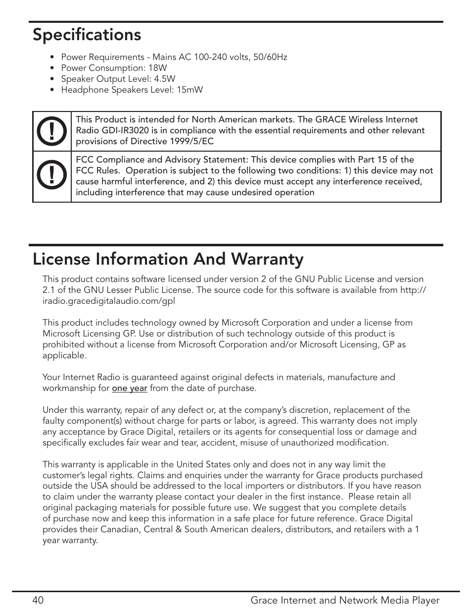 Specs, Warranty, Speciﬁcations | License information and warranty | Grace Digital GDI-IR3020 User Manual | Page 40 / 44