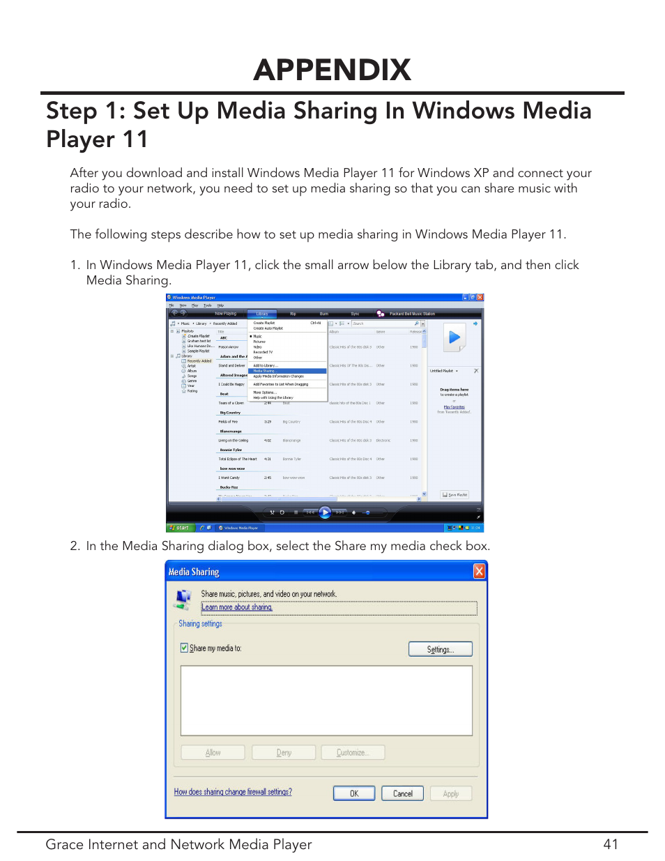 Set up media sharing in windows mediaplayer 11, Appendix | Grace Digital GDI-IR3020 User Manual | Page 41 / 44