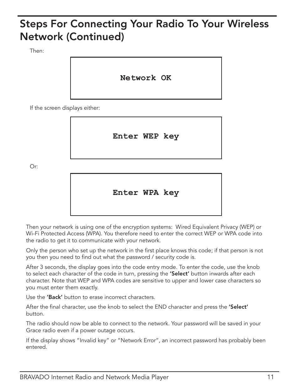 Enter wep key, Enter wpa key, Network ok | Grace Digital Bravado GDI-IRD4400M User Manual | Page 11 / 48