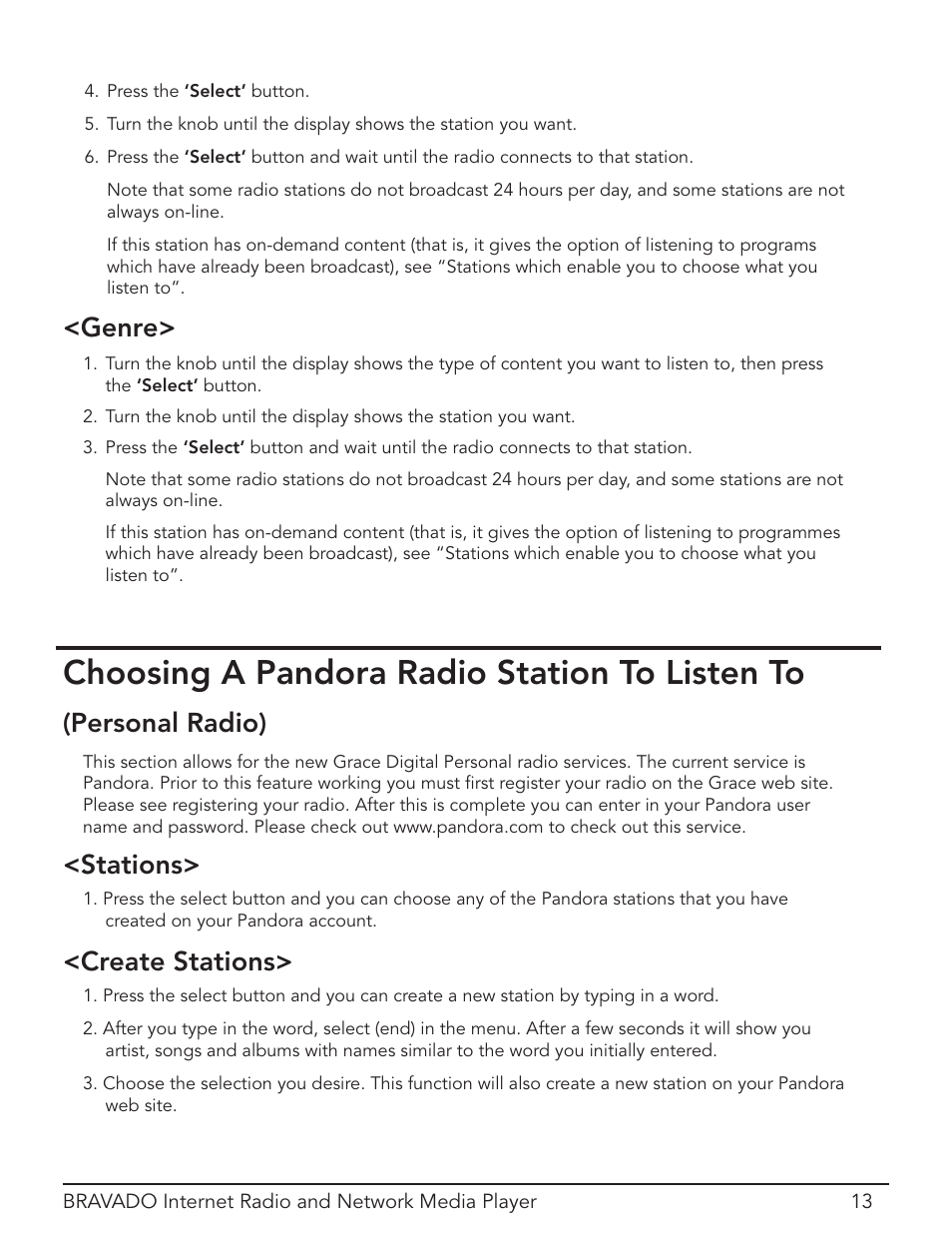 Choosing a pandora radio station, Choosing a pandora radio station to listen to | Grace Digital Bravado GDI-IRD4400M User Manual | Page 13 / 48