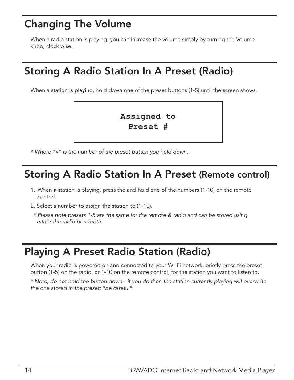 Volume, Storing a preset, Playing a preset | Changing the volume, Playing a preset radio station (radio), Remote control), Assigned to preset | Grace Digital Bravado GDI-IRD4400M User Manual | Page 14 / 48