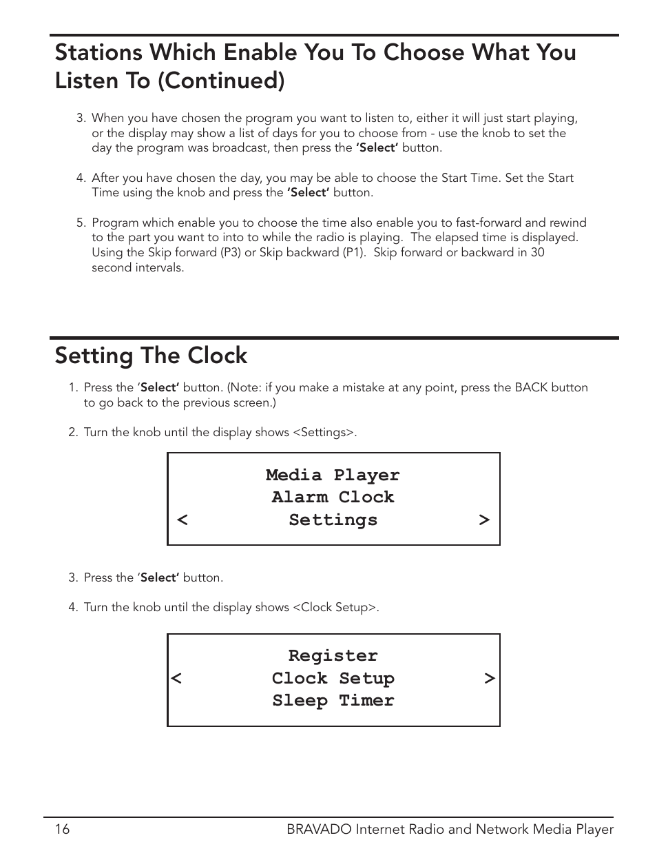 Setting the clock, Media player alarm clock < settings, Register < clock setup > sleep timer | Grace Digital Bravado GDI-IRD4400M User Manual | Page 16 / 48