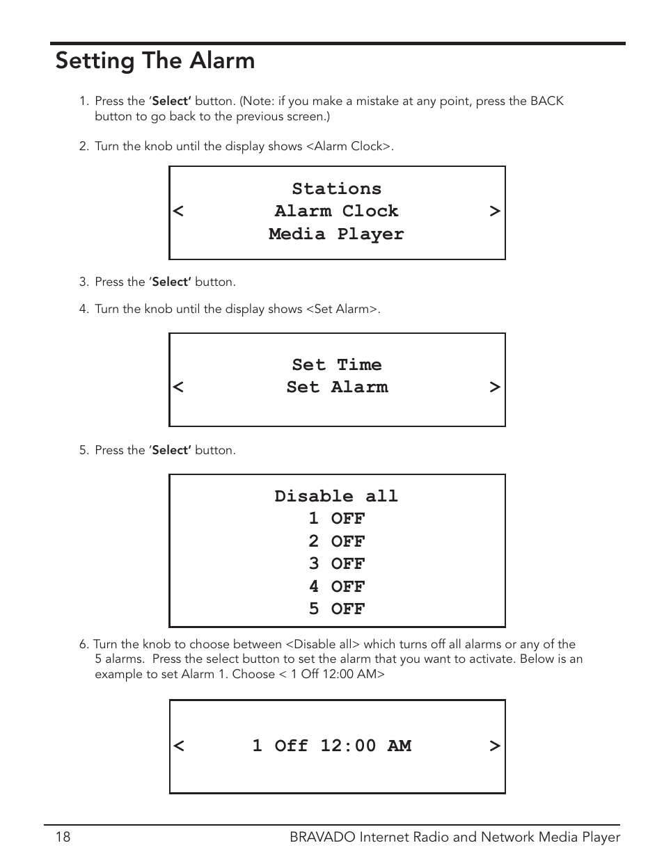 Setting the alarm, Stations < alarm clock > media player, Set time < set alarm | Grace Digital Bravado GDI-IRD4400M User Manual | Page 18 / 48