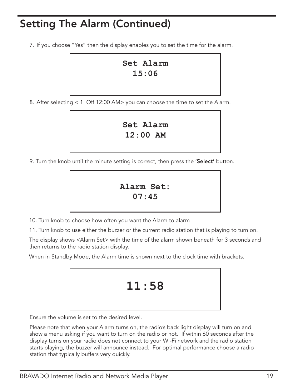 Setting the alarm (continued), Set alarm 15:06, Set alarm 12:00 am | Alarm set: 07:45 | Grace Digital Bravado GDI-IRD4400M User Manual | Page 19 / 48